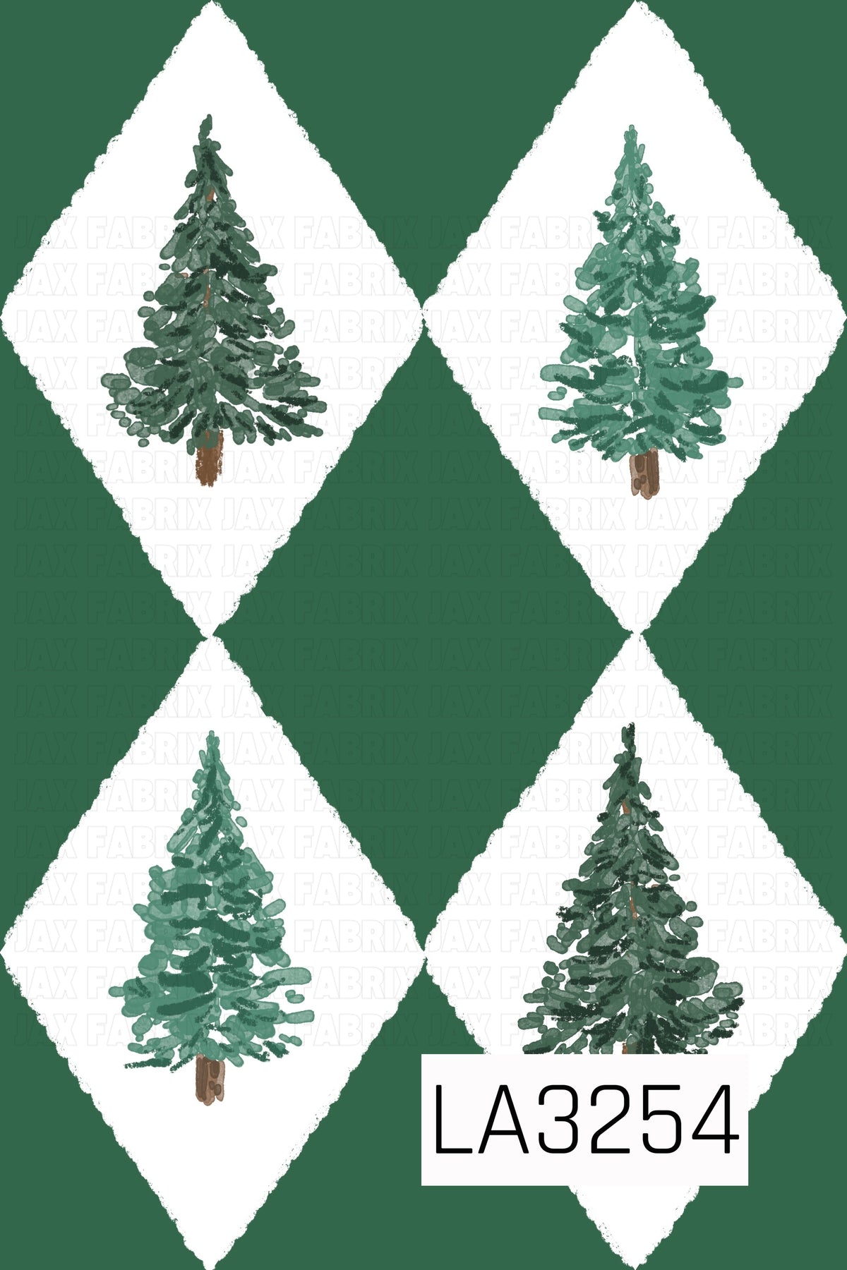 A hand-painted Christmas tree pattern featuring four evergreen trees in varying shades of rich and muted green. Each tree is framed inside a soft white diamond against a deep forest green background, creating a classic, cozy argyle-inspired holiday design.
