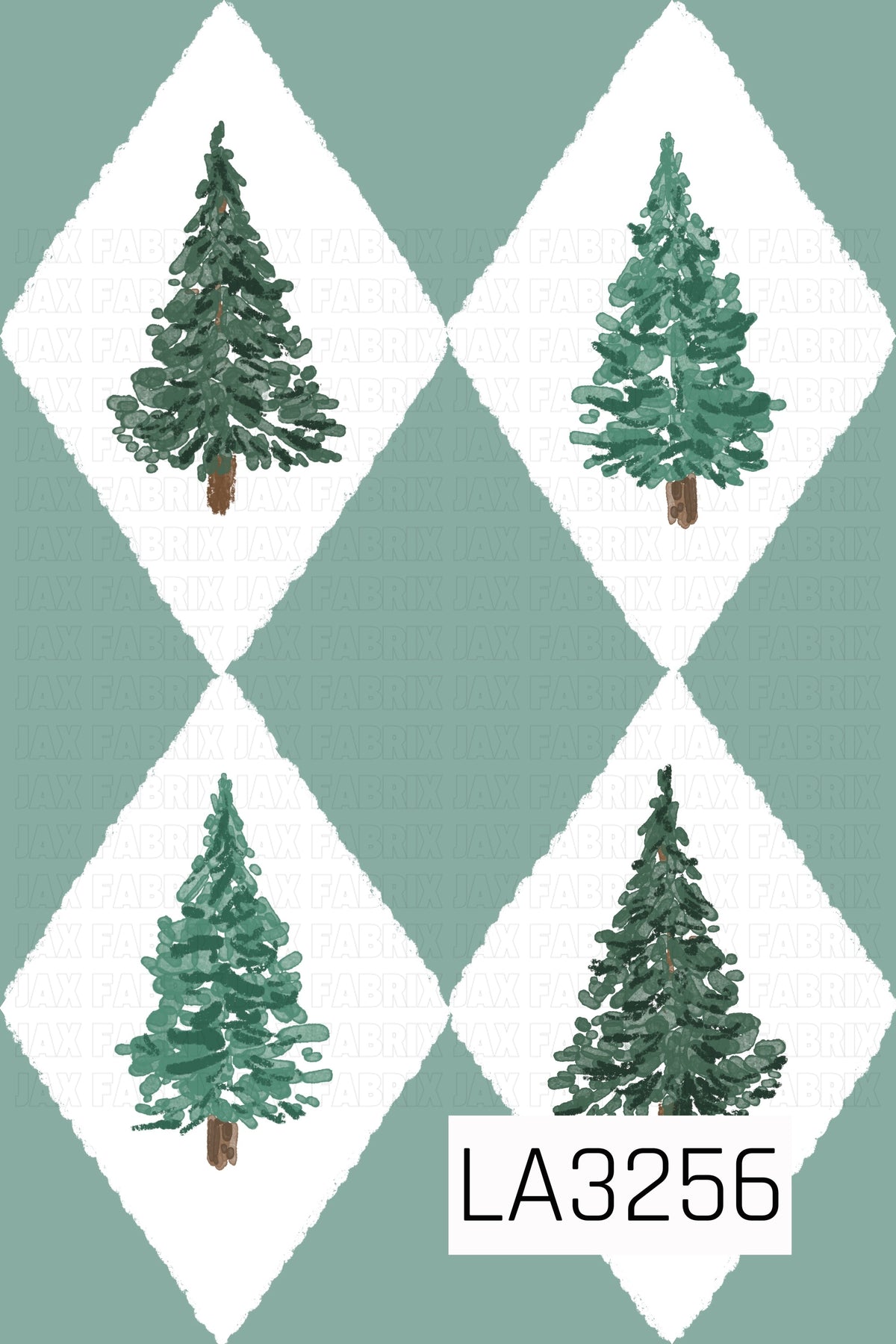 A hand-painted Christmas tree pattern featuring evergreen trees in varying shades of deep and muted green, each framed inside a soft white diamond. A dusty sage green background creates a classic argyle-inspired holiday design.
