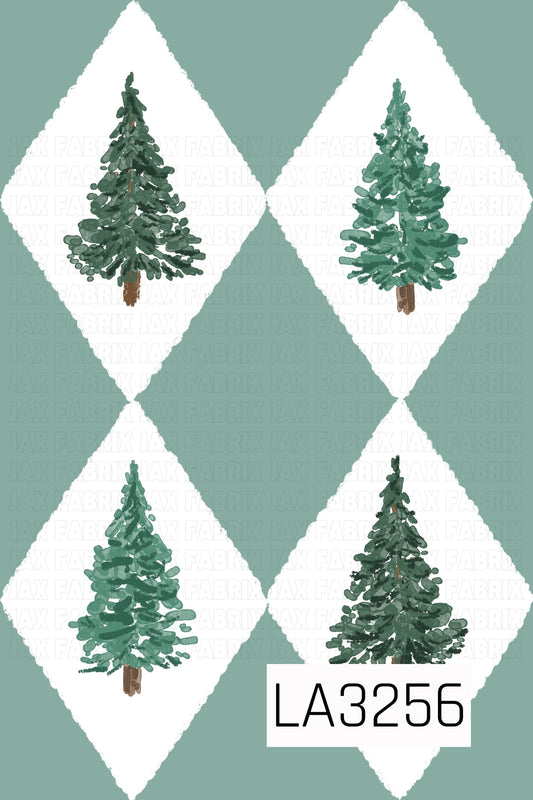 A hand-painted Christmas tree pattern featuring evergreen trees in varying shades of deep and muted green, each framed inside a soft white diamond. A dusty sage green background creates a classic argyle-inspired holiday design.
