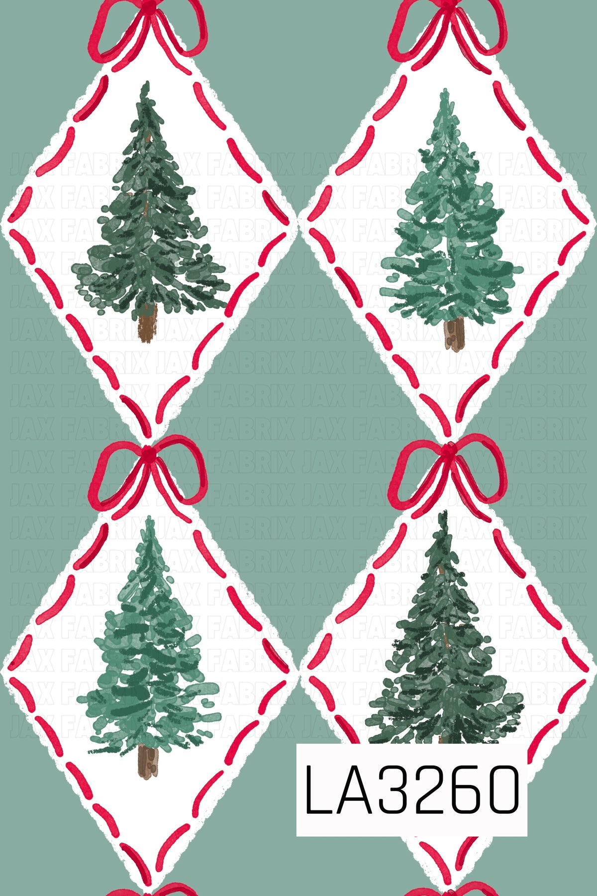 A hand-painted Christmas tree pattern featuring evergreen trees in varying shades of green inside soft white diamonds. Bright red stitched accents and whimsical red bows frame each diamond, all set against a muted sage green background.
