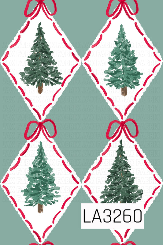 A hand-painted Christmas tree pattern featuring evergreen trees in varying shades of green inside soft white diamonds. Bright red stitched accents and whimsical red bows frame each diamond, all set against a muted sage green background.
