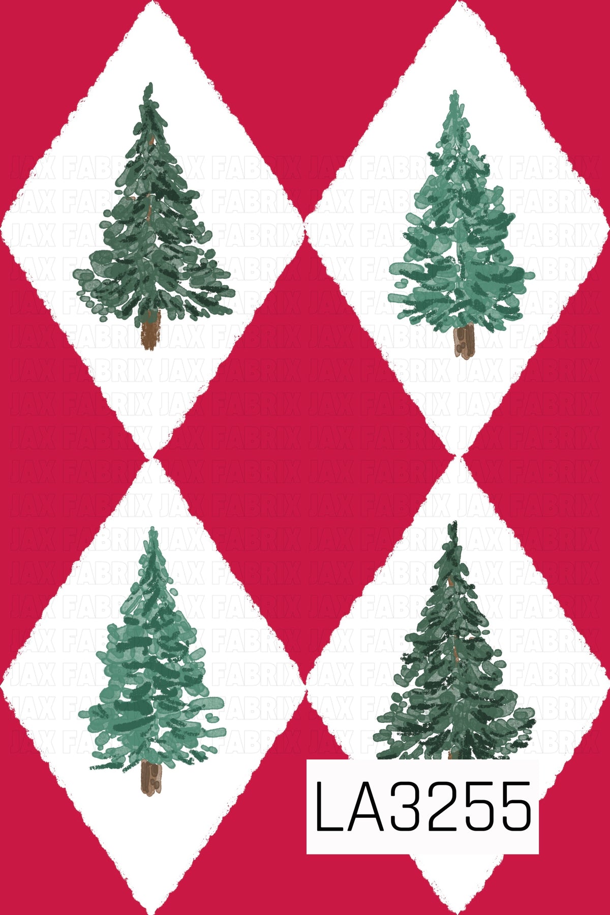 A hand-painted Christmas tree pattern featuring four evergreen trees in varying shades of green, each framed inside a soft white diamond. The bright Christmas red background creates a bold, festive argyle-inspired holiday design.
