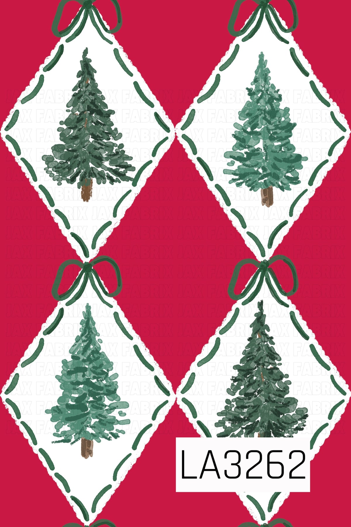 A hand-painted Christmas tree pattern featuring evergreen trees in varying shades of green inside soft white diamonds. Dark green stitched accents and matching green bows frame each diamond, set against a bold festive red background.
