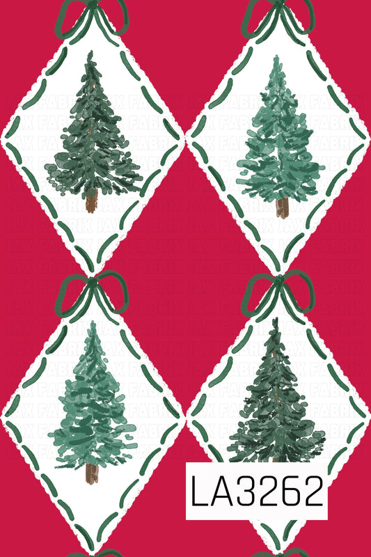 A hand-painted Christmas tree pattern featuring evergreen trees in varying shades of green inside soft white diamonds. Dark green stitched accents and matching green bows frame each diamond, set against a bold festive red background.
