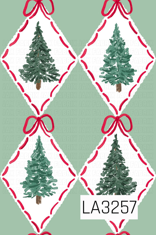 A hand-painted Christmas tree pattern featuring evergreen trees in varying shades of green inside soft white diamonds. Bright red stitched accents outline each diamond, while whimsical red bows connect the design against a muted sage green background.
