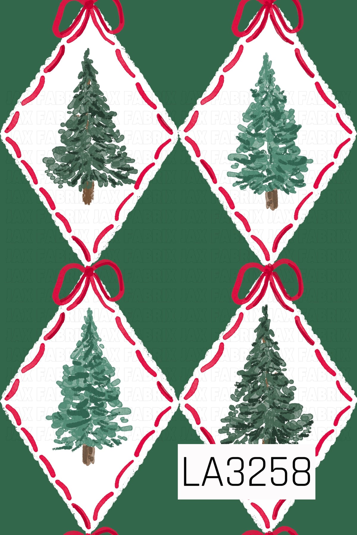 A hand-painted Christmas tree pattern featuring evergreen trees in varying shades of green inside soft white diamonds. Bright red stitched accents frame each diamond with whimsical red bows at the points, all set against a rich evergreen green background.
