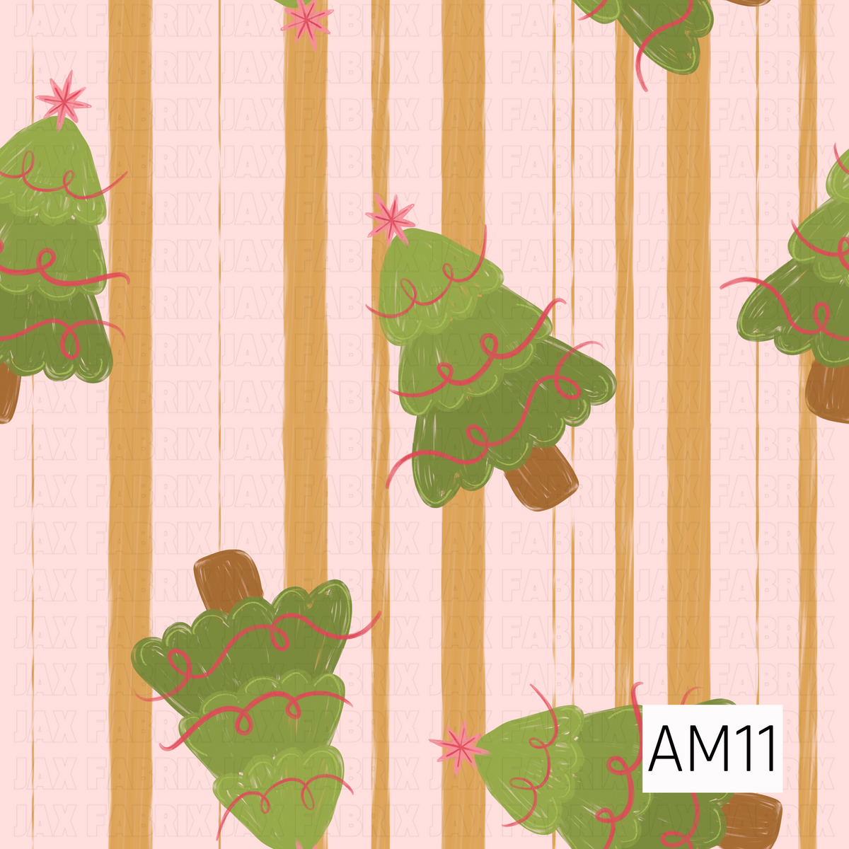 A playful Christmas pattern featuring whimsical green Christmas trees wrapped in curly pink ribbon and topped with bright pink starbursts. The trees are scattered across a soft blush pink background with vertical golden mustard stripes, giving the design a fun, retro-inspired holiday look.
