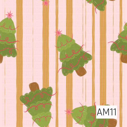 A playful Christmas pattern featuring whimsical green Christmas trees wrapped in curly pink ribbon and topped with bright pink starbursts. The trees are scattered across a soft blush pink background with vertical golden mustard stripes, giving the design a fun, retro-inspired holiday look.
