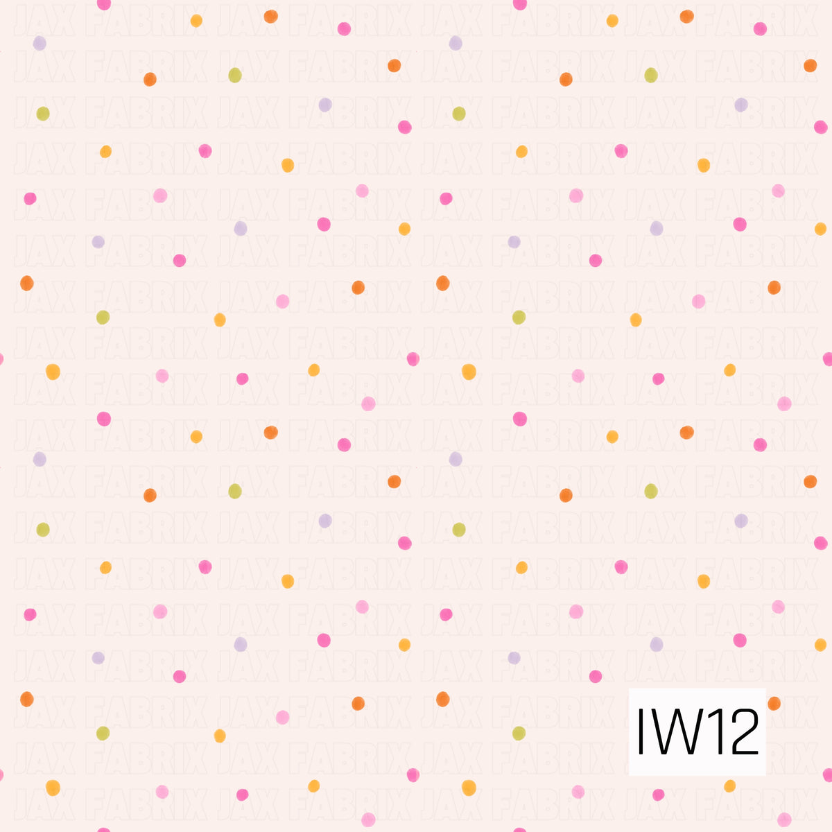 A cheerful and playful polka dot pattern featuring tiny, scattered dots in vibrant shades of hot pink, soft pink, lavender, lime green, sunny yellow, and bright orange. The dots have a subtle hand-painted watercolor texture and are evenly scattered across a soft blush-white background, creating a light, whimsical, confetti-inspired design.