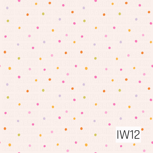 A cheerful and playful polka dot pattern featuring tiny, scattered dots in vibrant shades of hot pink, soft pink, lavender, lime green, sunny yellow, and bright orange. The dots have a subtle hand-painted watercolor texture and are evenly scattered across a soft blush-white background, creating a light, whimsical, confetti-inspired design.