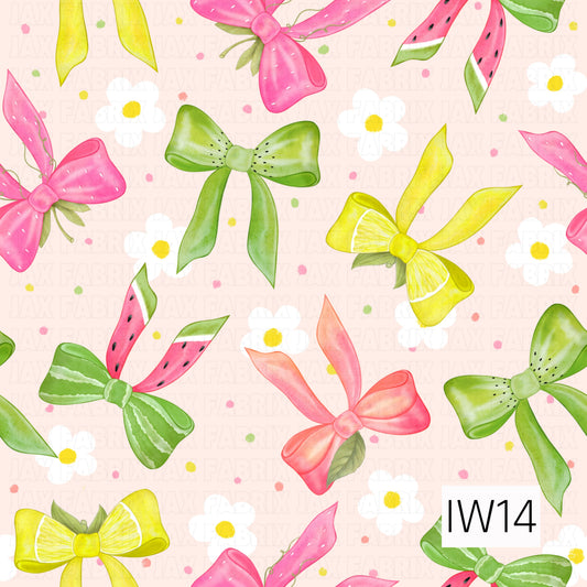 A bright and whimsical summer pattern featuring oversized watercolor-style bows inspired by juicy watermelon, zesty lemons, sweet strawberries, and fresh green kiwi. Vibrant shades of hot pink, lime green, sunny yellow, and soft coral are accented with delicate fruit details, tiny seeds, and leafy embellishments. Scattered white daisies with cheerful yellow centers and colorful confetti dots fill the soft blush pink background, creating a sweet, playful, and fruity design.