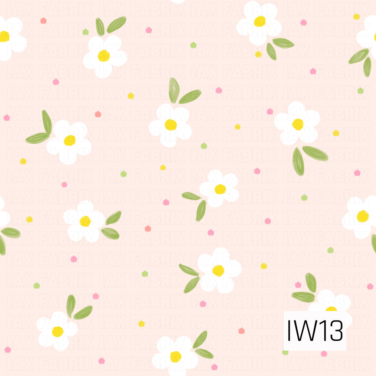 A sweet and cheerful floral pattern featuring scattered white five-petal daisies with bright sunny yellow centers and soft green leaves. Tiny confetti-like dots in shades of pink, coral, yellow, and lime green are sprinkled throughout a delicate blush pink background. The subtle hand-painted textures and whimsical arrangement create a fresh, playful design perfect for spring and summer.