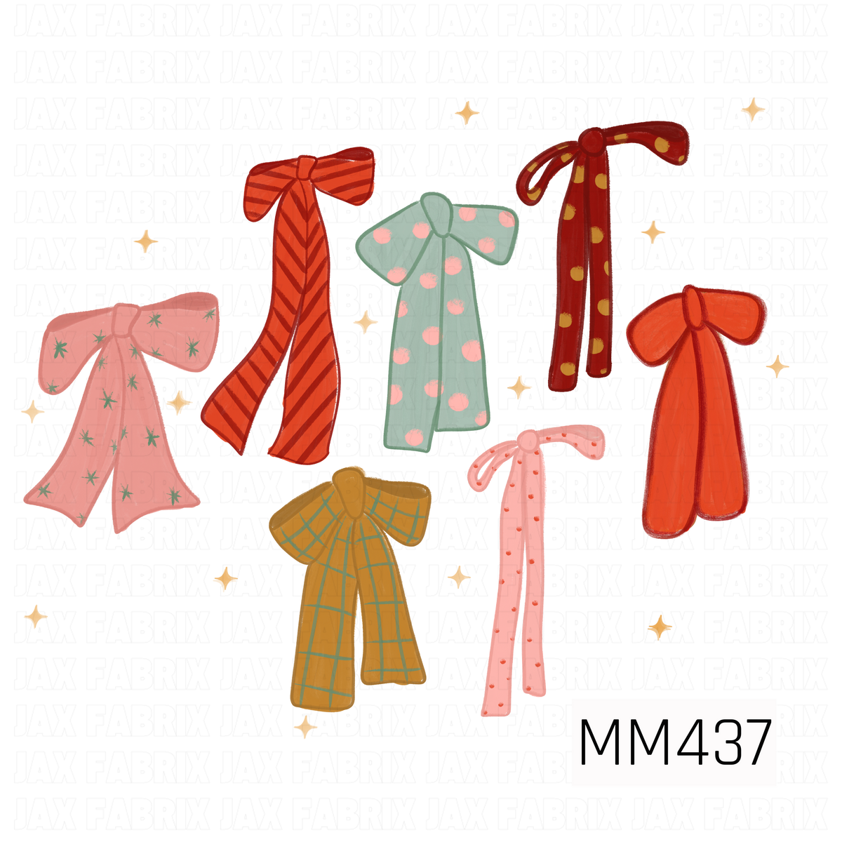 A whimsical bow design featuring a mix of oversized hand-painted ribbon bows in pink, red, mint, and mustard. Each bow has its own playful pattern, including stripes, polka dots, plaid, and starbursts, with scattered golden sparkles adding a festive finishing touch.
