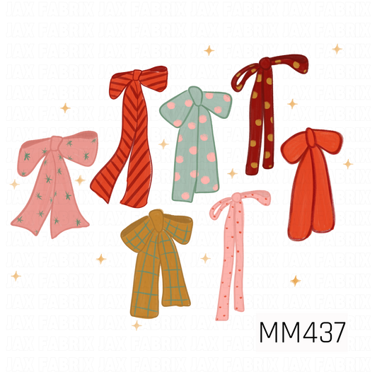 A whimsical bow design featuring a mix of oversized hand-painted ribbon bows in pink, red, mint, and mustard. Each bow has its own playful pattern, including stripes, polka dots, plaid, and starbursts, with scattered golden sparkles adding a festive finishing touch.
