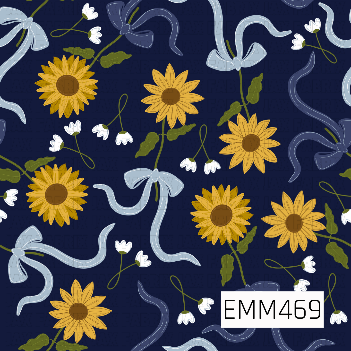 A cheerful hand-drawn floral pattern featuring golden sunflowers, delicate white blossoms, olive-green foliage, and flowing pale-blue and periwinkle ribbons against a rich navy background.
