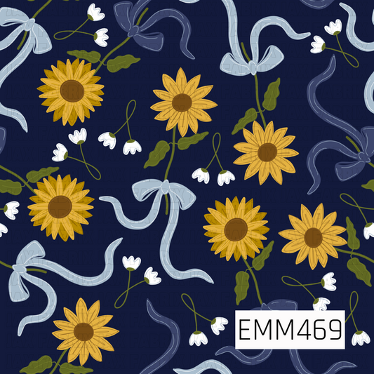 A cheerful hand-drawn floral pattern featuring golden sunflowers, delicate white blossoms, olive-green foliage, and flowing pale-blue and periwinkle ribbons against a rich navy background.
