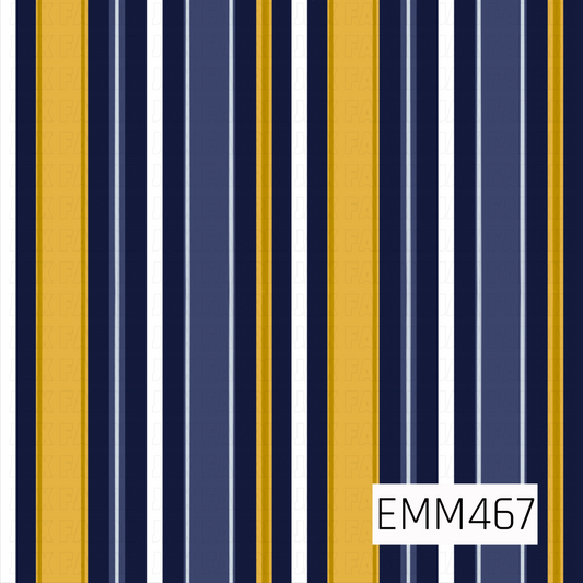 A bold vertical stripe pattern featuring alternating bands of navy, golden yellow, slate blue, pale blue, and crisp white for a classic coordinating design.
