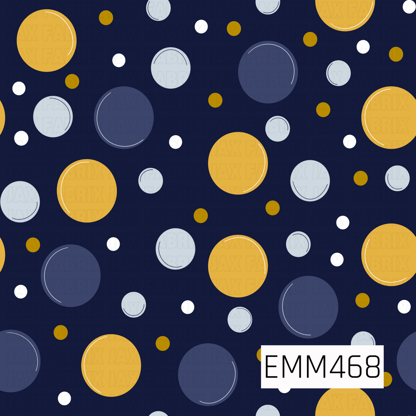 A playful polka-dot pattern featuring assorted circles in golden yellow, slate blue, pale blue, and white scattered across a deep navy background. Hand-drawn highlights add a whimsical, bubbly touch.
