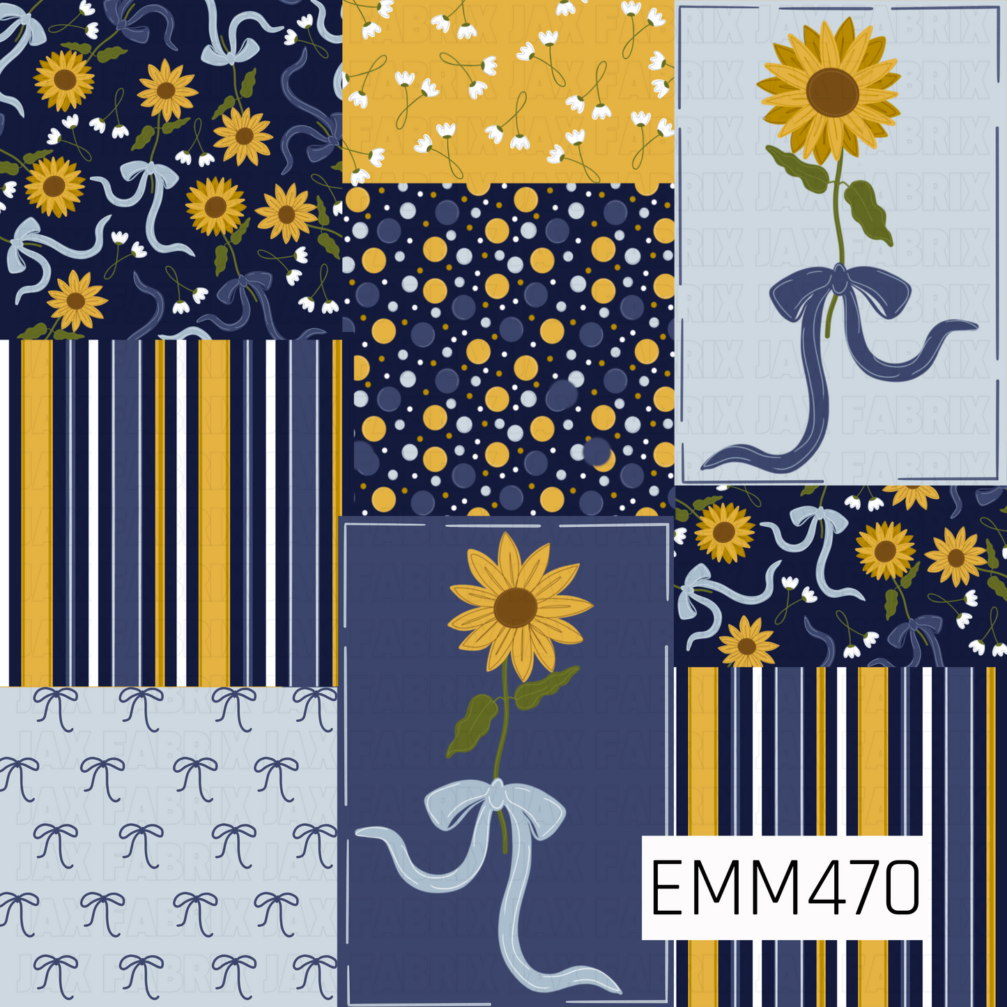 A whimsical patchwork pattern combining golden sunflowers, flowing blue ribbons, tiny white florals, playful dots, classic stripes, and dainty bows in a coordinated palette of navy, golden yellow, periwinkle, pale blue, and white.
