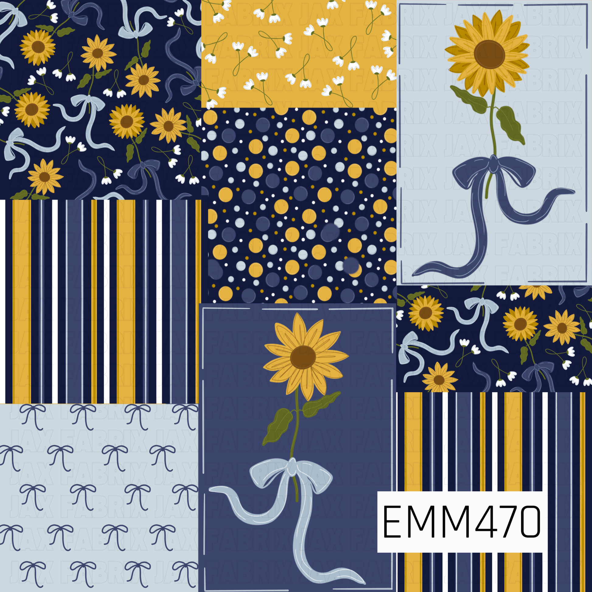 A whimsical patchwork pattern combining golden sunflowers, flowing blue ribbons, tiny white florals, playful dots, classic stripes, and dainty bows in a coordinated palette of navy, golden yellow, periwinkle, pale blue, and white.
