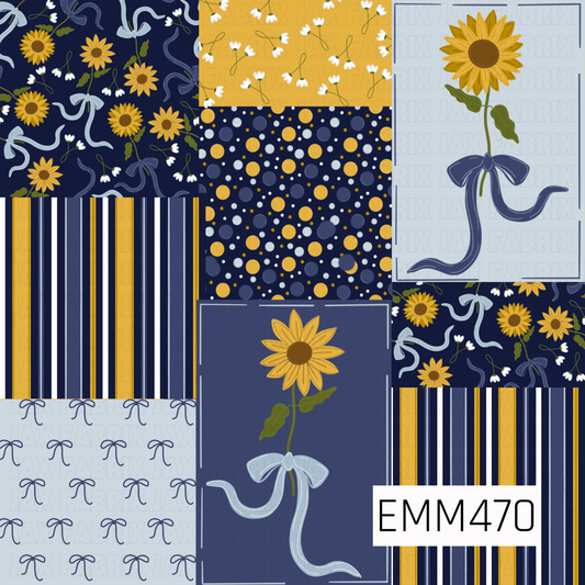 A whimsical patchwork pattern combining golden sunflowers, flowing blue ribbons, tiny white florals, playful dots, classic stripes, and dainty bows in a coordinated palette of navy, golden yellow, periwinkle, pale blue, and white.

