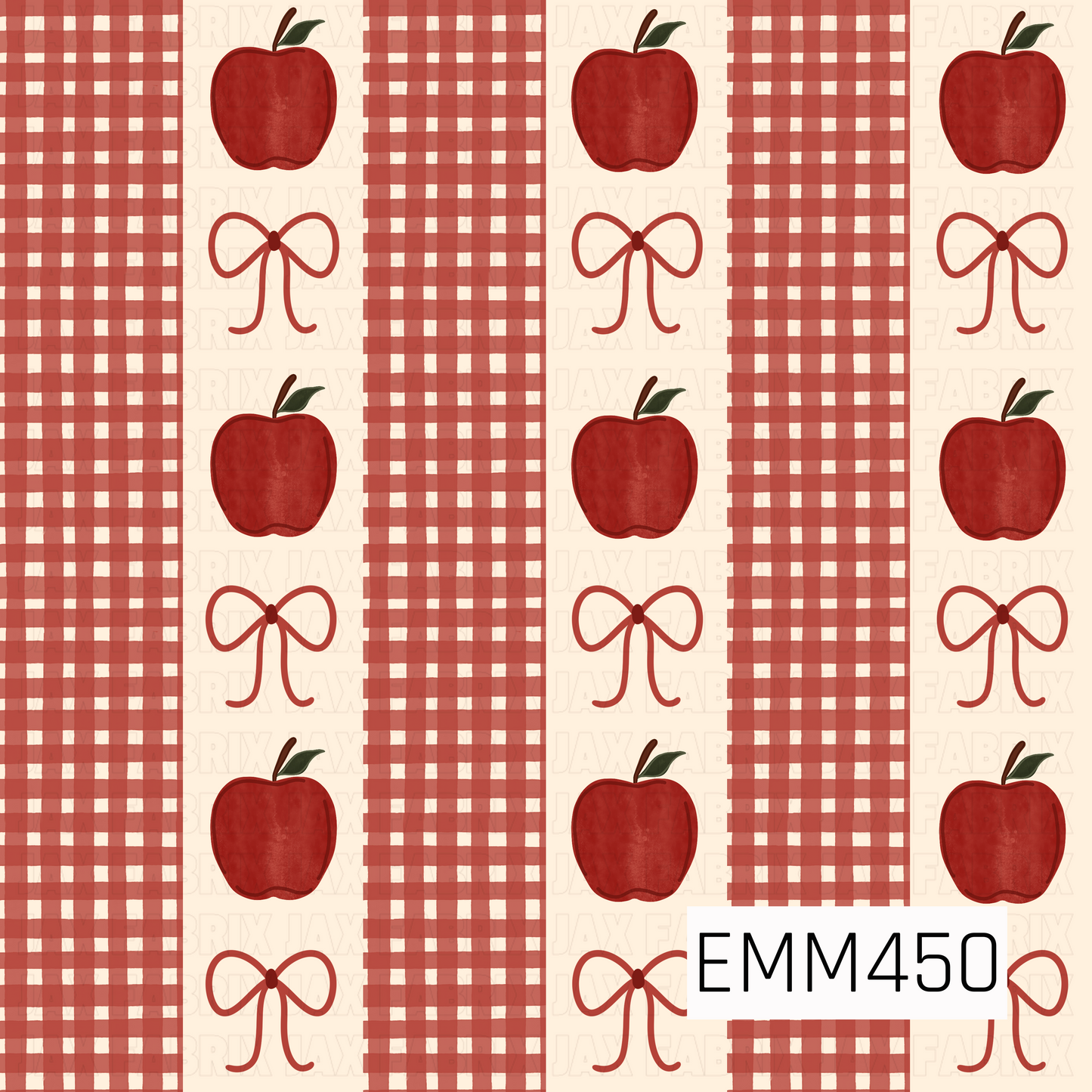 A charming fall design featuring rich red apples and delicate red bows arranged between wide red plaid stripes on a warm cream background. Its cozy colors and classic style are perfect for autumn creations.

