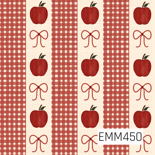 A charming fall design featuring rich red apples and delicate red bows arranged between wide red plaid stripes on a warm cream background. Its cozy colors and classic style are perfect for autumn creations.
