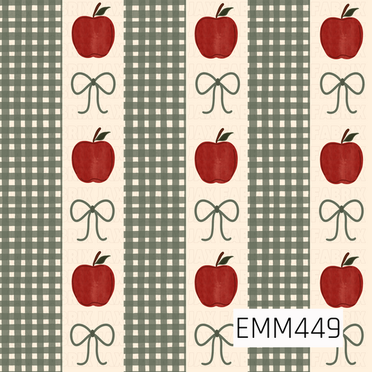 A charming fall design featuring rich red apples and simple sage green bows arranged between wide sage plaid stripes on a warm cream background. Its cozy colors and classic style are perfect for autumn creations.
