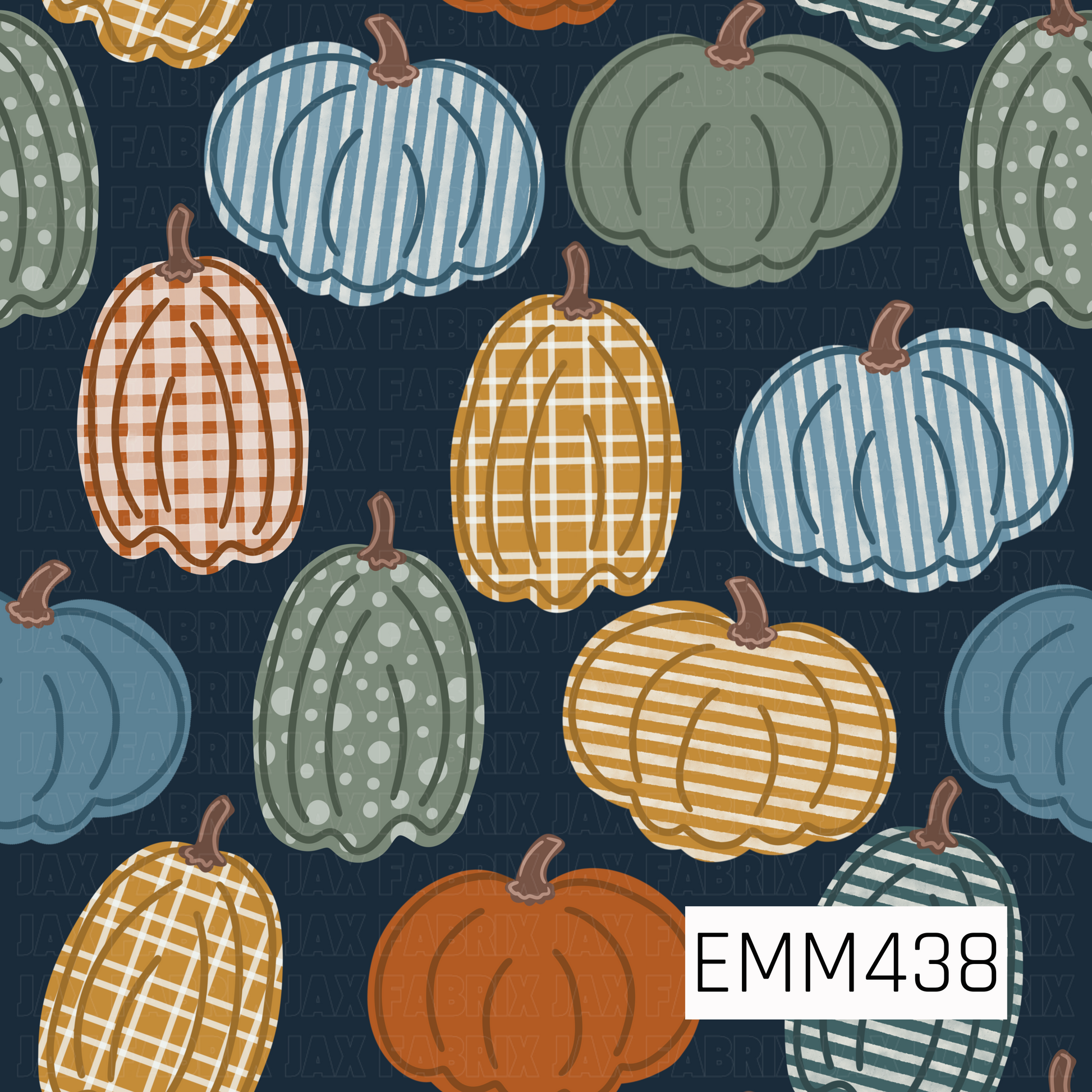 A charming fall design featuring hand-drawn pumpkins filled with playful plaids, stripes, polka dots, and solid patterns. Soft blue, sage green, golden mustard, and warm orange tones pop against a deep navy background.
