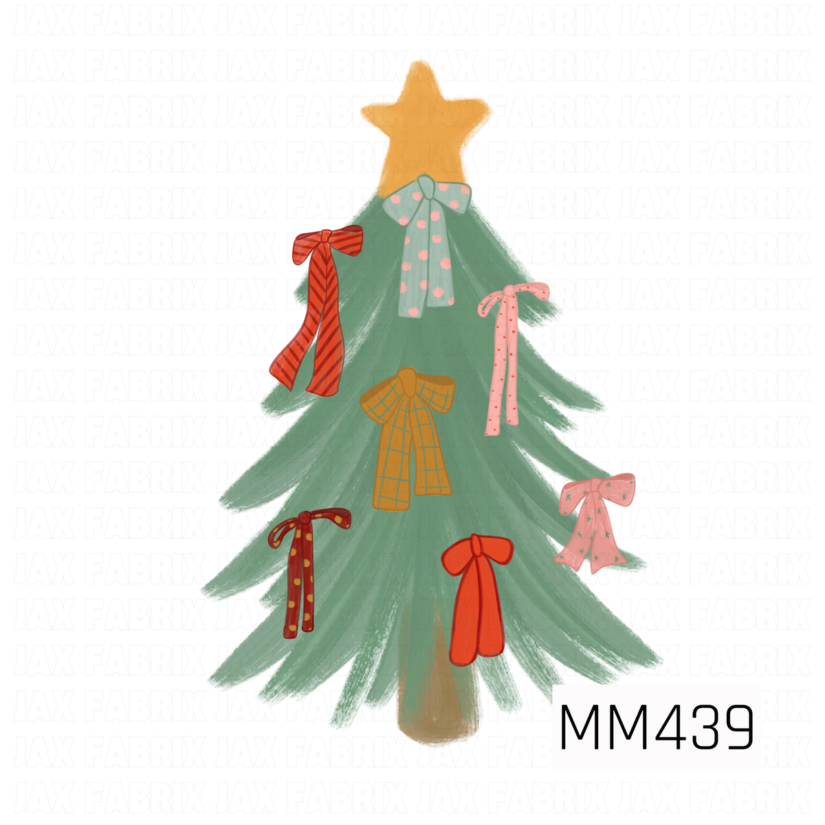 A whimsical Christmas PNG featuring a hand-painted evergreen tree topped with a warm golden star and decorated with an assortment of colorful ribbon bows. The bows feature playful stripes, polka dots, plaid, and star details in shades of red, pink, mint, and mustard for a fun vintage-inspired holiday look.
