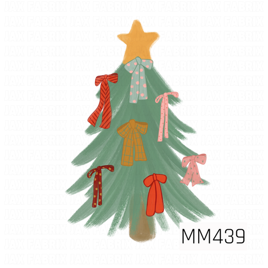 A whimsical Christmas PNG featuring a hand-painted evergreen tree topped with a warm golden star and decorated with an assortment of colorful ribbon bows. The bows feature playful stripes, polka dots, plaid, and star details in shades of red, pink, mint, and mustard for a fun vintage-inspired holiday look.
