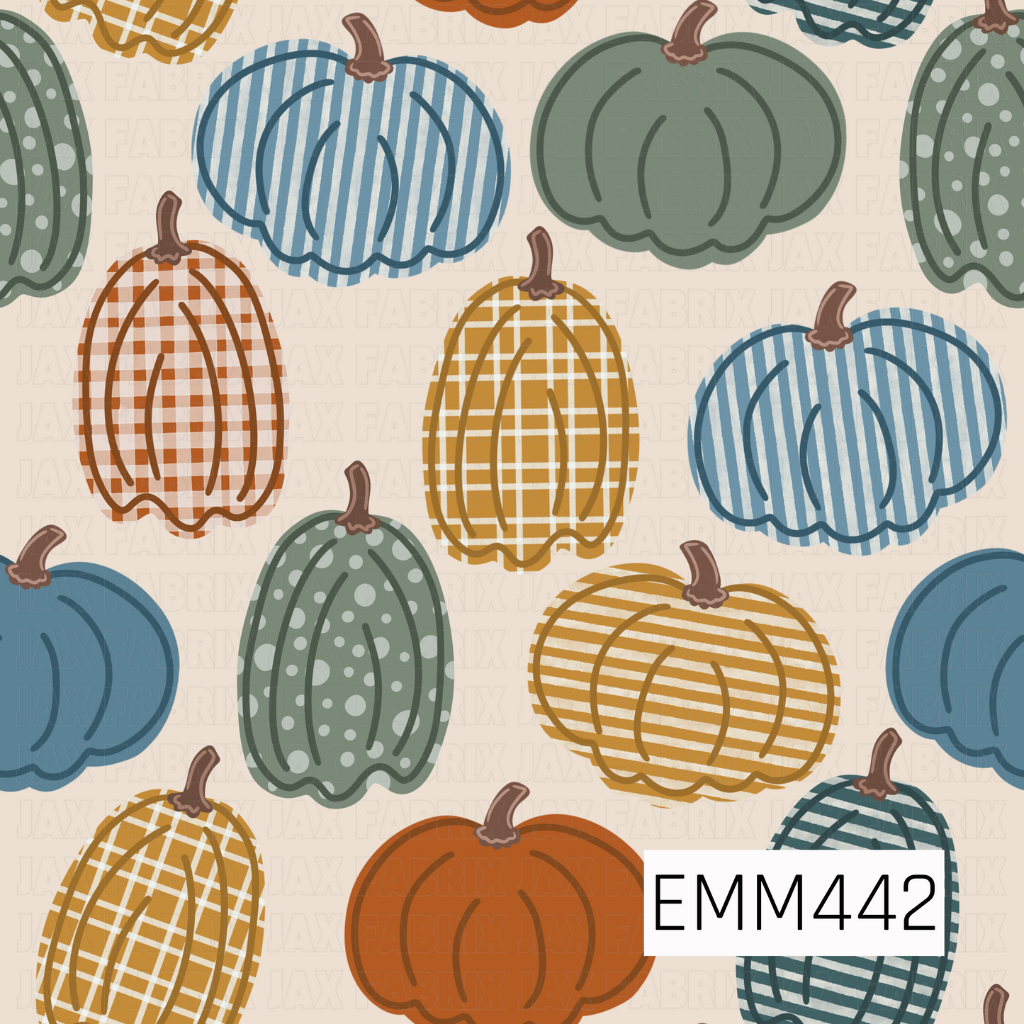 A cozy fall design featuring playful plaid, striped, polka dot, and solid pumpkins in muted blue, green, mustard, and orange tones.
