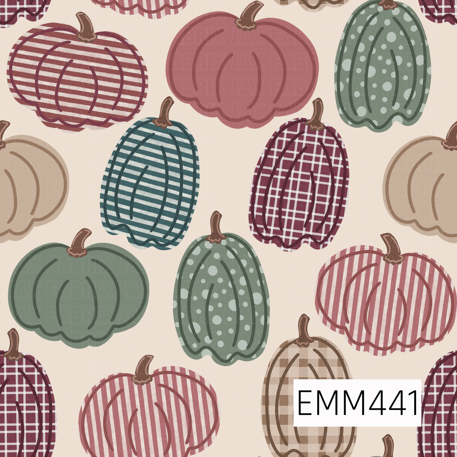 A cozy fall design featuring pumpkins in a mix of stripes, plaid, polka dots, and solid colors in muted pink, green, burgundy, and tan tones.
