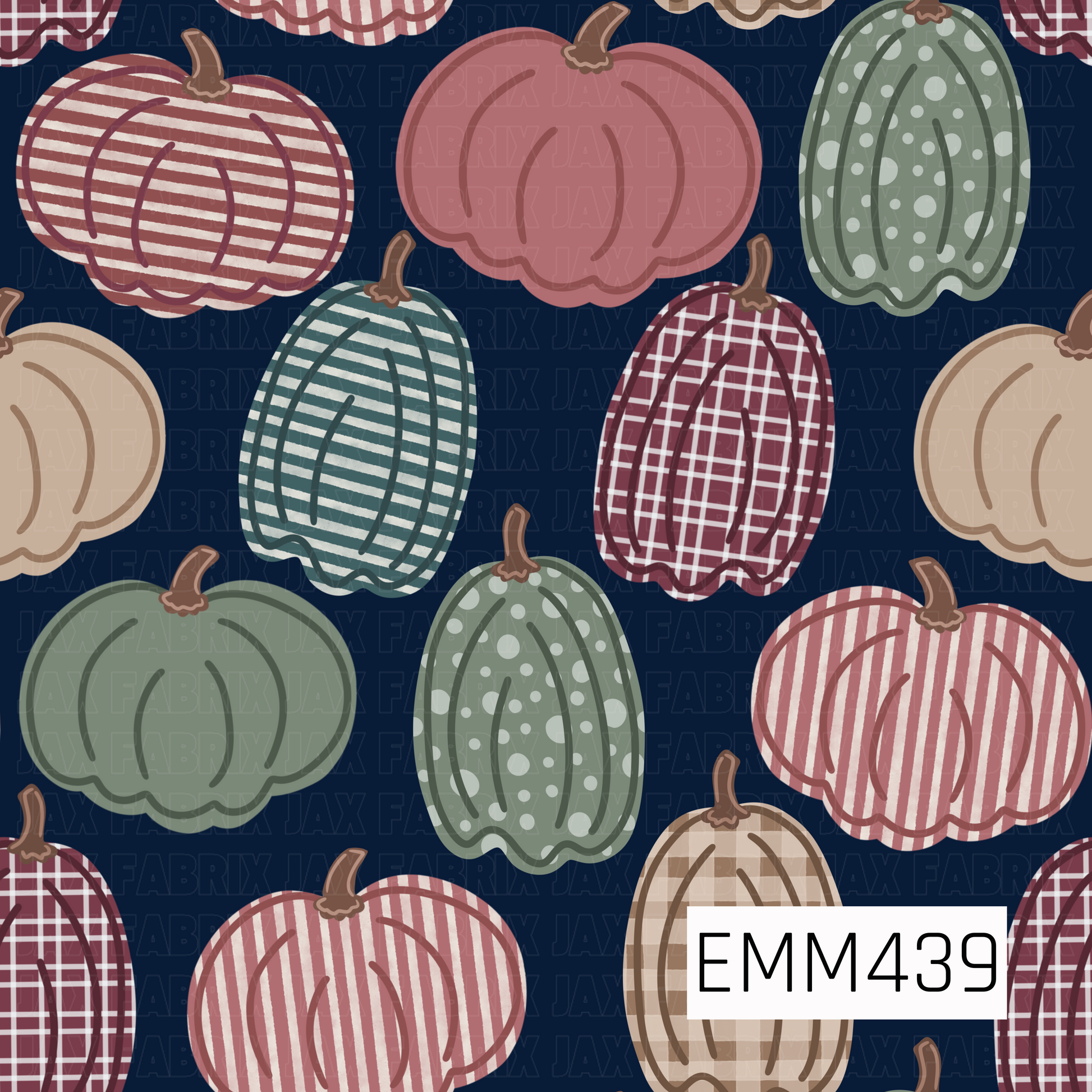 A charming fall design featuring hand-drawn pumpkins in plaid, striped, polka-dot, and solid patterns. Shades of blush, burgundy, sage, teal, and tan stand out beautifully against the navy blue background.
