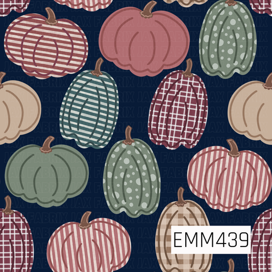 A charming fall design featuring hand-drawn pumpkins in plaid, striped, polka-dot, and solid patterns. Shades of blush, burgundy, sage, teal, and tan stand out beautifully against the navy blue background.
