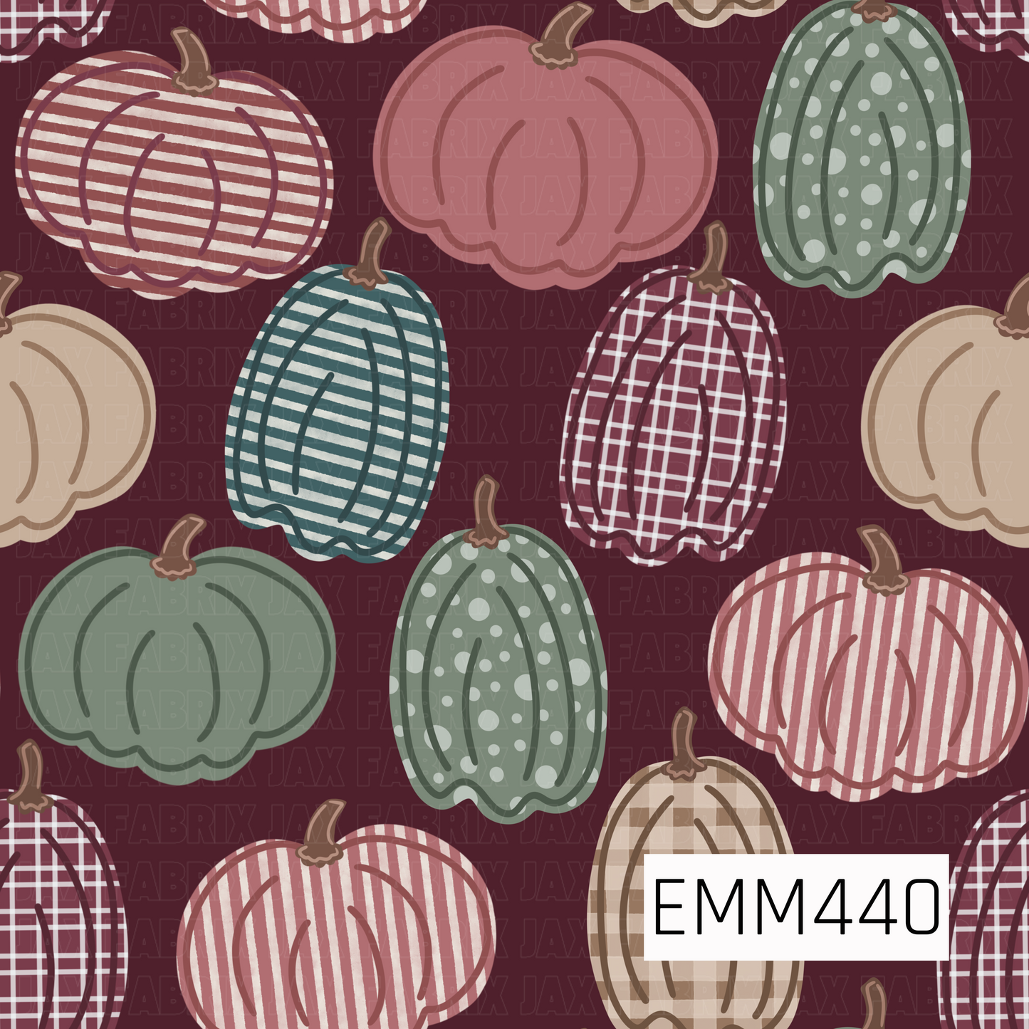 A charming fall design featuring hand-drawn pumpkins in plaid, striped, polka-dot, and solid patterns. Shades of blush, sage, teal, burgundy, and tan create a cozy look against the rich burgundy background.
