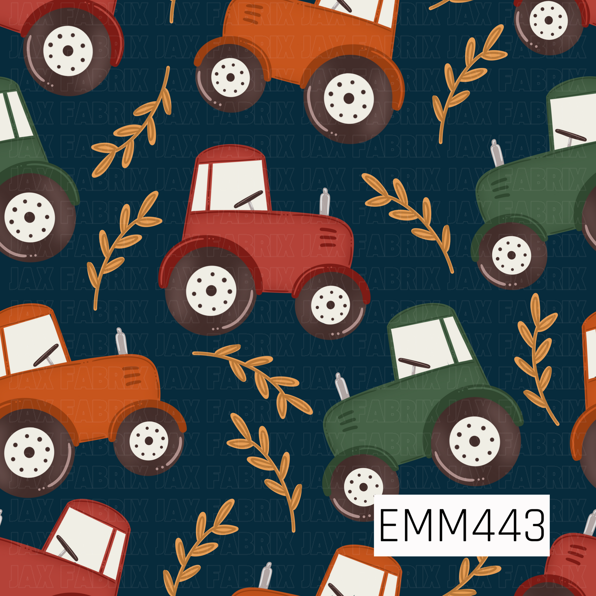 A playful fall design featuring red, orange, and green tractors with golden leafy sprigs on a deep navy background.
