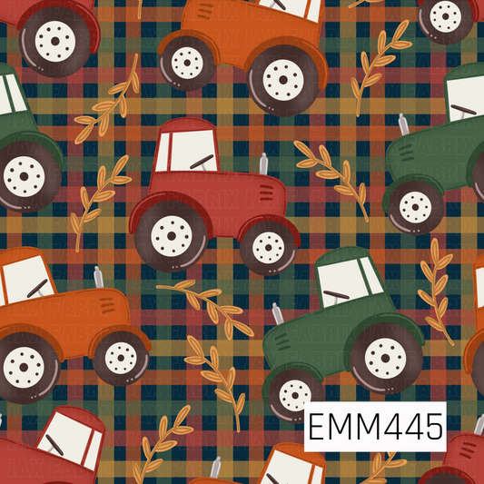 A cozy fall farm design featuring colorful vintage-style tractors and golden leafy sprigs layered over a bold plaid background in navy, rust, mustard, red, and forest green.
