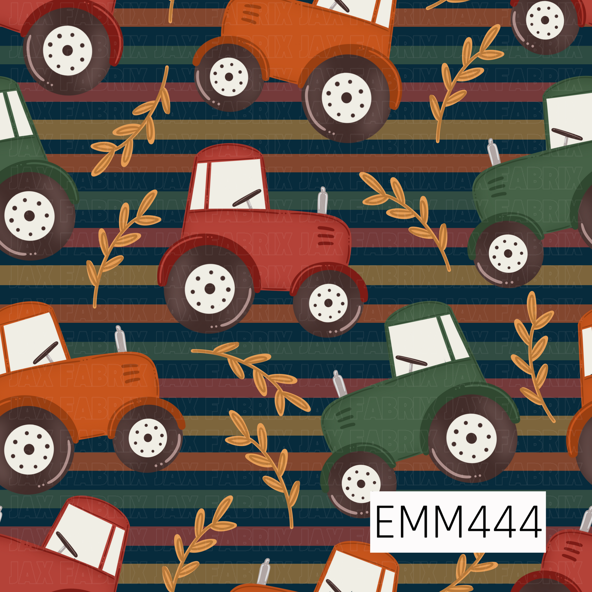 A playful fall design featuring red, orange, and green tractors with golden leafy sprigs over colorful navy, rust, mustard, and green stripes.
