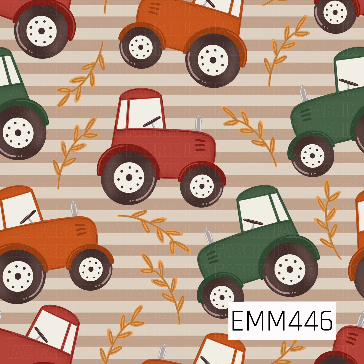 A cozy fall farm design featuring red, orange, and green tractors with golden leafy sprigs over soft cream and beige stripes.
