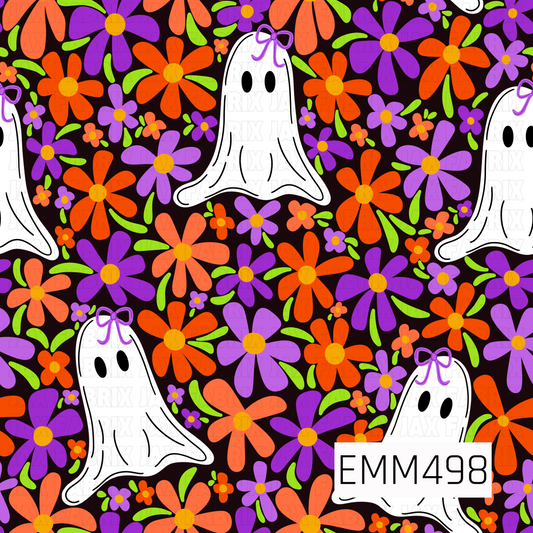 A playful retro Halloween floral pattern featuring sweet white sheet ghosts wearing purple bows, floating among oversized orange, coral, and purple flowers with bright green leaves. Golden yellow flower centers add extra warmth, while the deep near-black background makes the vivid Halloween colors pop. The mix of cheerful florals and friendly ghosts gives the design a cute, groovy spooky-season feel.
