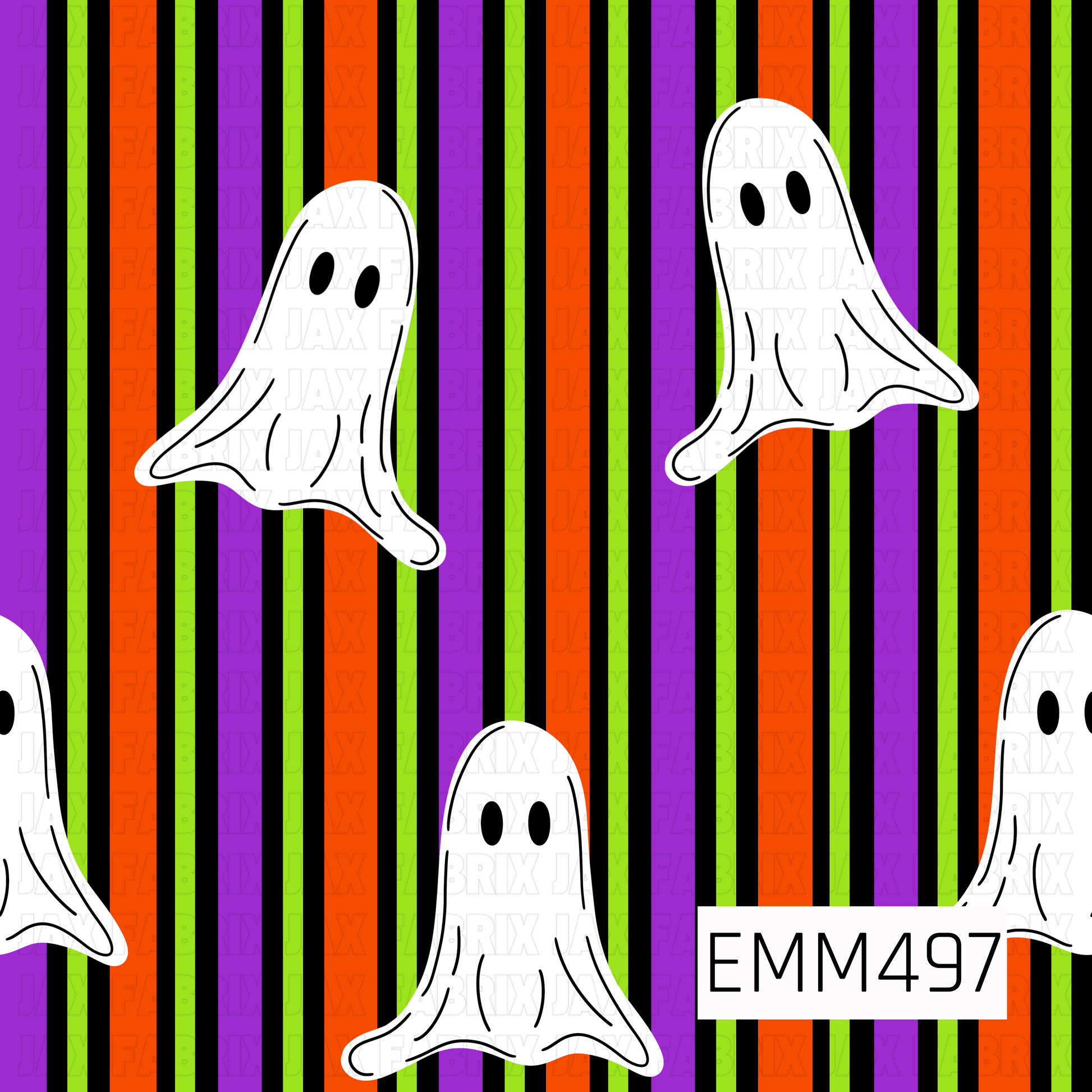 A bold Halloween pattern featuring playful white sheet ghosts floating across vertical stripes in bright purple, neon green, vivid orange, and black. The simple hand-drawn ghosts have expressive black oval eyes and flowing, wavy shapes that stand out against the high-contrast striped background. Bright, graphic, and spooky-cute with a fun retro Halloween feel.
