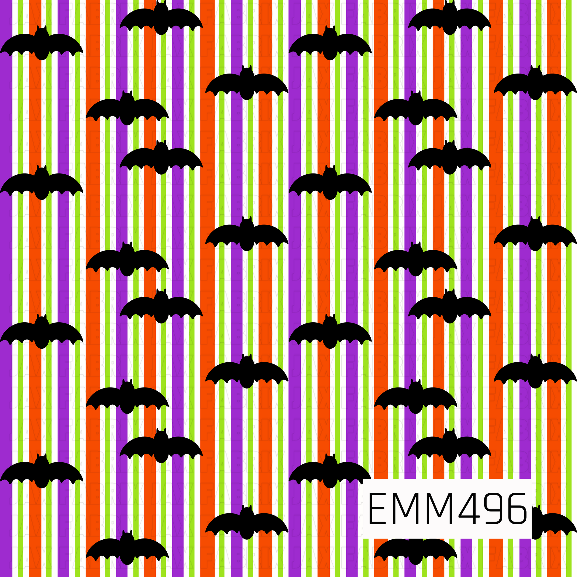 A bold Halloween bat print featuring black bat silhouettes scattered across vertical stripes in bright orange, purple, lime green, and white. The vibrant striped background gives the simple spooky bat design a playful, colorful Halloween feel.
