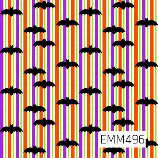 A bold Halloween bat print featuring black bat silhouettes scattered across vertical stripes in bright orange, purple, lime green, and white. The vibrant striped background gives the simple spooky bat design a playful, colorful Halloween feel.
