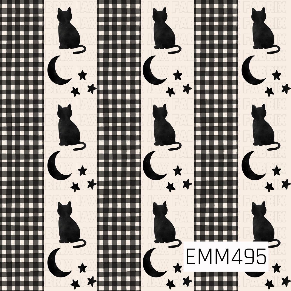 A monochrome black cat and celestial print featuring black cat silhouettes, crescent moons, and scattered stars. Alternating black, charcoal, and cream plaid panels create a classic neutral Halloween look against a soft cream background.
