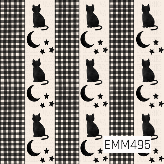 A monochrome black cat and celestial print featuring black cat silhouettes, crescent moons, and scattered stars. Alternating black, charcoal, and cream plaid panels create a classic neutral Halloween look against a soft cream background.
