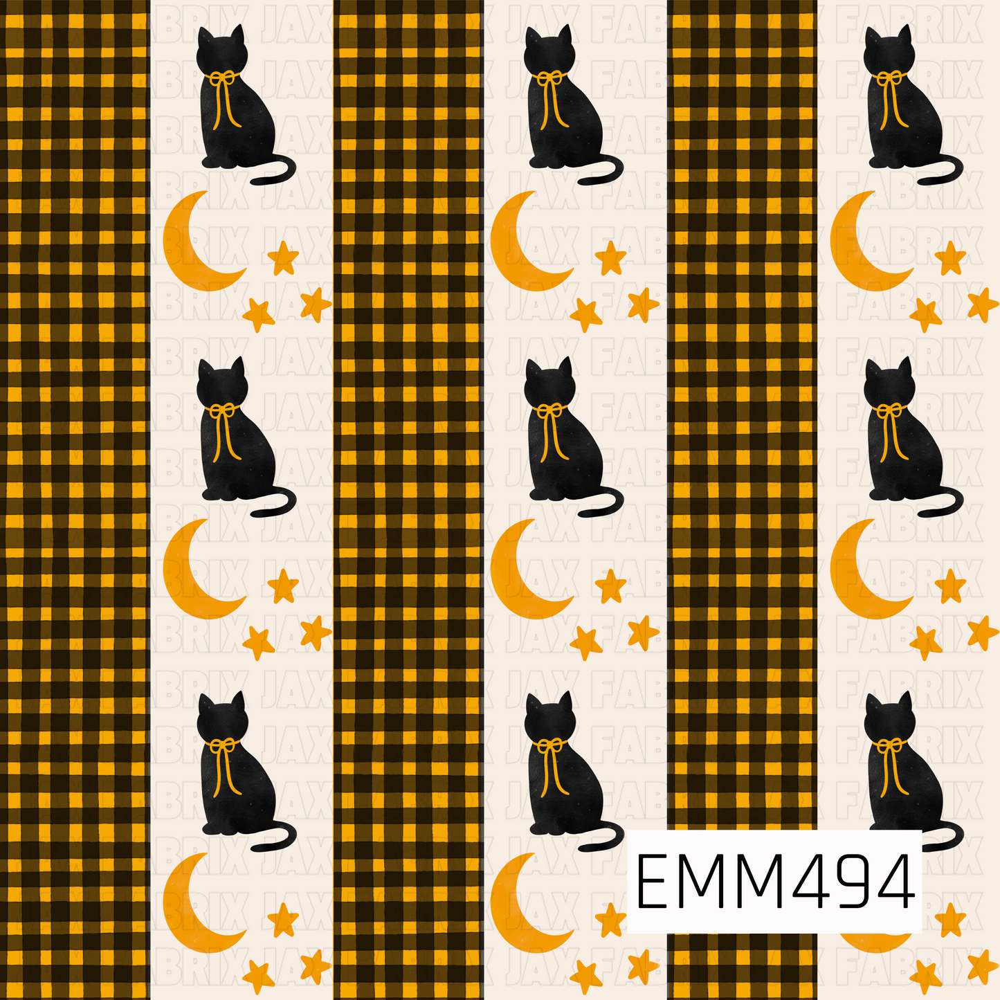A whimsical black cat and celestial Halloween print featuring black cats with golden bow accents, crescent moons, and scattered stars. Alternating panels of warm black and golden plaid add a cozy fall feel against a soft cream background.

