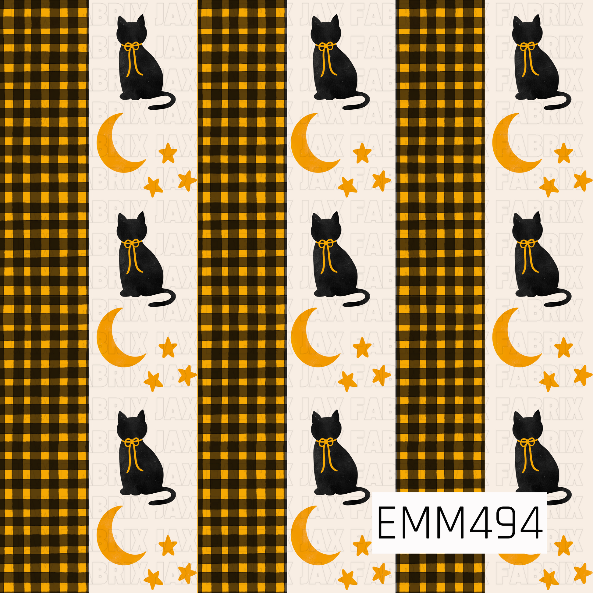 A whimsical black cat and celestial Halloween print featuring black cats with golden bow accents, crescent moons, and scattered stars. Alternating panels of warm black and golden plaid add a cozy fall feel against a soft cream background.
