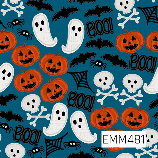 A playful Halloween design filled with cheerful orange jack-o’-lanterns, floating white ghosts, skulls and crossbones, black bats, crawling spiders, spiderwebs, and bold “BOO!” lettering. A rich deep teal-blue background gives the classic Halloween icons a fresh pop of color, while the bright orange pumpkins and crisp black-and-white details create a fun, high-contrast look. Spooky, whimsical, and full of personality, this print captures all the fun of Halloween without feeling too scary.

