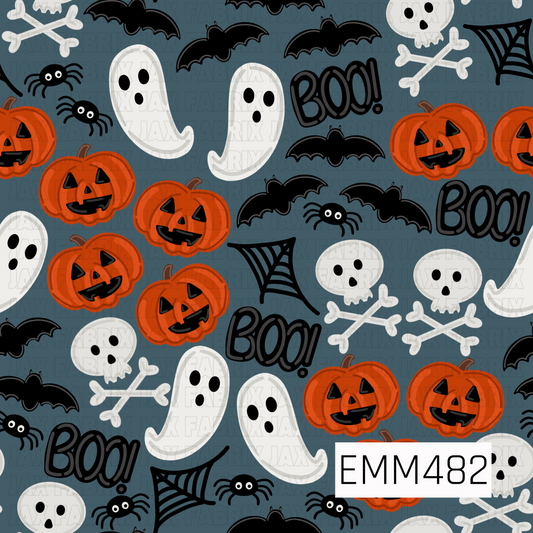 A fun Halloween design packed with spooky-cute favorites on a moody slate blue background. Bright orange jack-o’-lanterns are scattered among floating white ghosts, skulls and crossbones, swooping black bats, playful spiders, spiderwebs, and bold “BOO!” lettering. The deep blue backdrop makes the classic orange, black, and white Halloween elements pop while giving the print a cool, slightly vintage feel.
